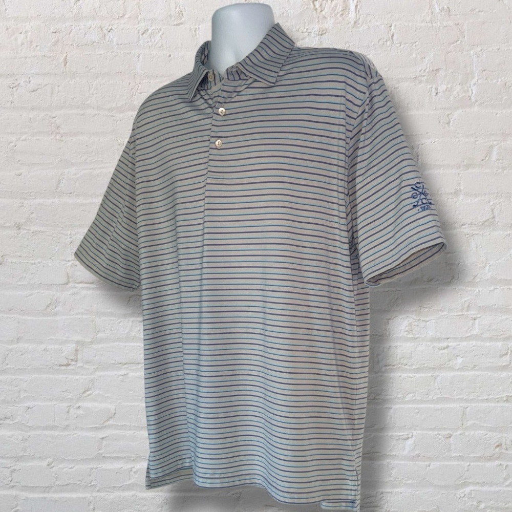 Peter Millar Summer Comfort Golf Polo Men’s Large Gray Blue Stripe Logo